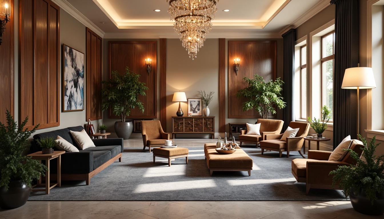 Prompt: Rich walnut wood tones, creamy white trim, soft golden lighting, warm beige walls, luxurious velvet upholstery, metallic bronze accents, ornate crystal chandeliers, sophisticated gray-blue area rug, lavish greenery, elegant drapery, refined marble tabletops, ambient warm glow, shallow depth of field, 2/3 composition, intimate atmospheric perspective.