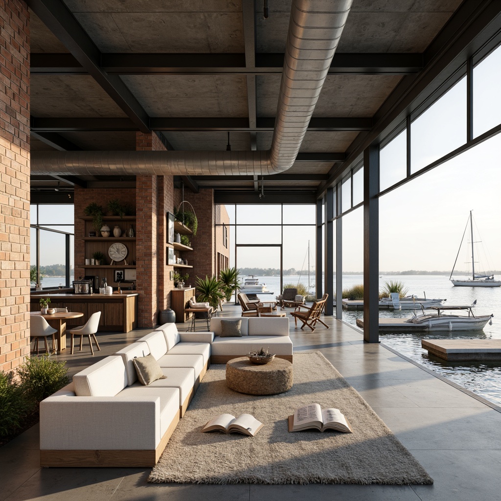 Prompt: Waterfront boathouse, minimalist Bauhaus architecture, open floor plan, high ceilings, industrial metal beams, exposed ductwork, concrete floors, large windows, sliding glass doors, natural light, lake or river views, wooden boat docks, nautical ropes, sailing-inspired decor, distressed wood accents, functional simplicity, monochromatic color scheme, warm neutral tones, cozy reading nooks, plush furniture, soft warm lighting, shallow depth of field, 3/4 composition, panoramic view, realistic textures, ambient occlusion.