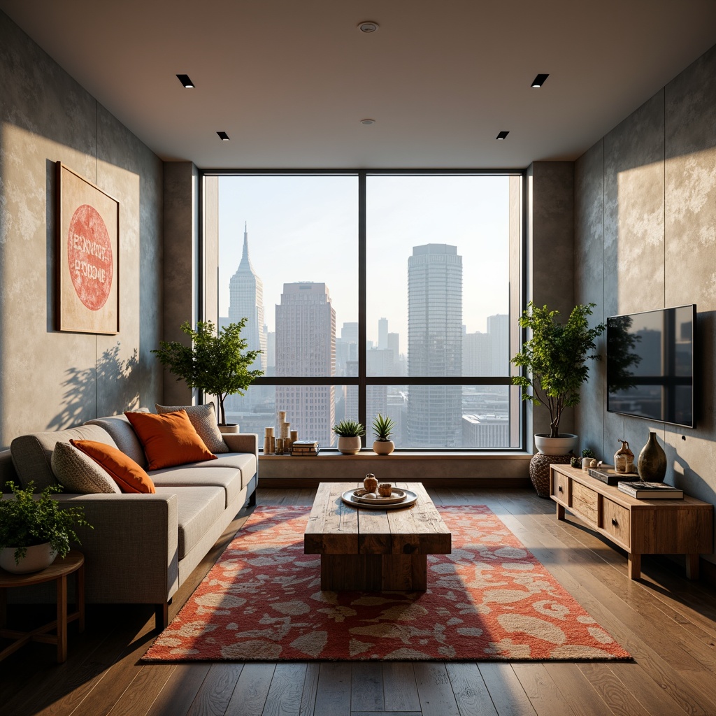 Prompt: Cozy modern living room, comfortable couch, vibrant throw pillows, rustic wooden coffee table, geometric patterned rug, abstract artwork, floor-to-ceiling windows, natural daylight, cityscape view, sleek TV stand, minimalist decor, ambient warm lighting, shallow depth of field, 1/1 composition, realistic textures, soft focus effect, inviting atmosphere.