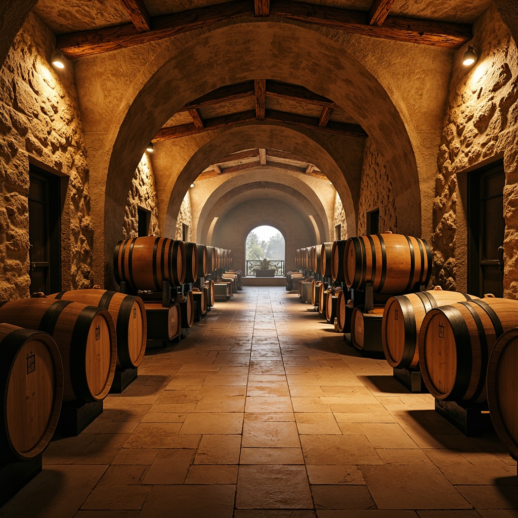 Prompt: Earthy wine cellar, rustic stone walls, wooden barrel racks, dim warm lighting, rich wood tones, ornate metalwork, vintage wine barrels, Mediterranean-inspired tile work, curved archways, natural stonewalls, earthy color palette, warm beige tones, soft golden lighting, ambient shadows, 3/4 composition, realistic textures, atmospheric fog effect.