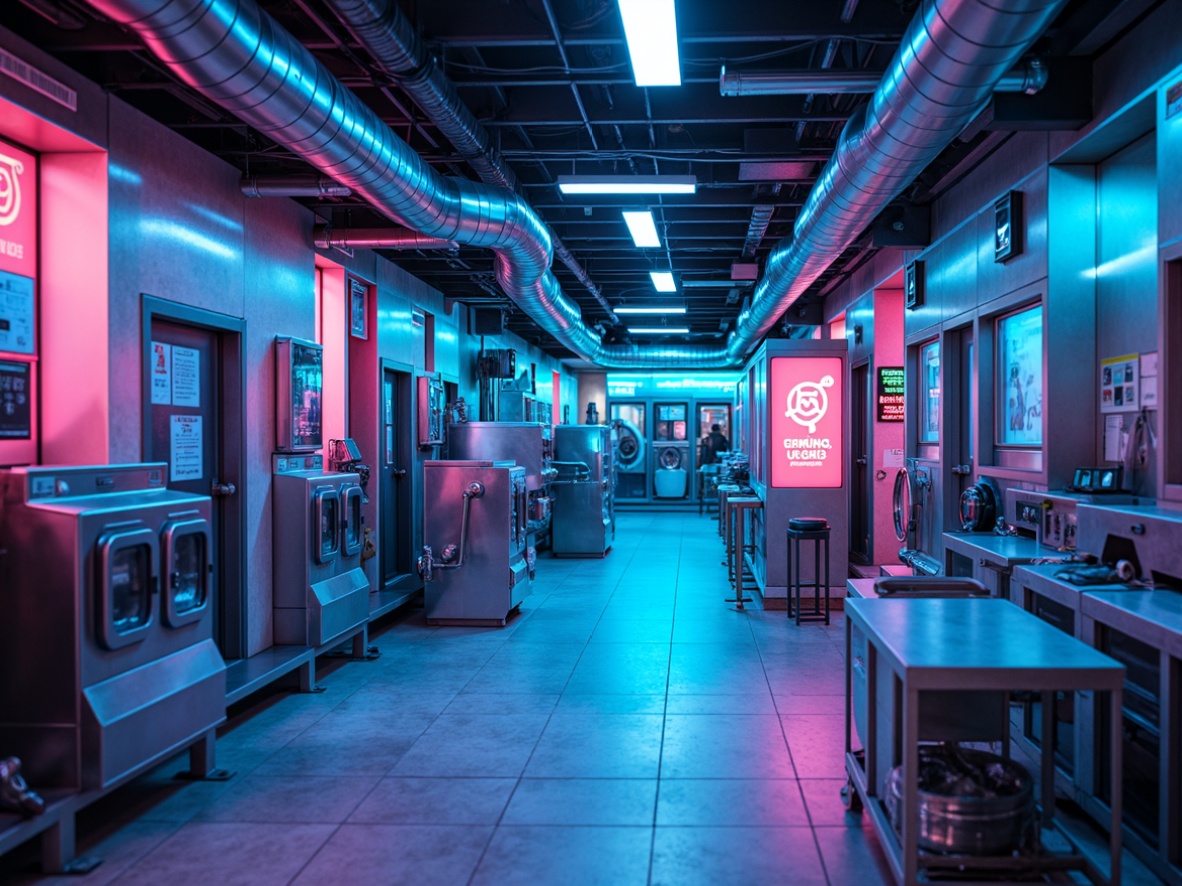 Prompt: Vibrant laundry facility, neon-lit machinery, stainless steel equipment, futuristic control panels, sleek metallic surfaces, iridescent colors, electric blue accents, bright citrus hues, radiant whites, soft pastel shades, subtle gradient effects, ambient glow lighting, shallow depth of field, 3/4 composition, panoramic view, realistic textures, ambient occlusion.