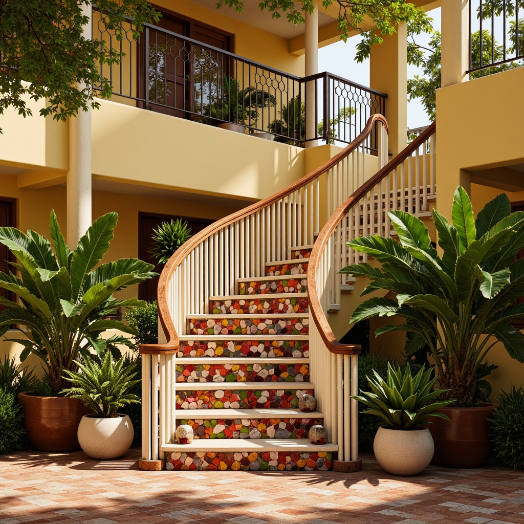 Prompt: Vibrant tropical staircase, warm wooden handrails, exotic hardwood treads, colorful mosaic tile risers, lush greenery surroundings, natural woven fiber carpeting, bright coral-inspired accents, sunny yellow walls, creamy white balusters, rich dark wood banisters, ornate metal railings, elegant curved lines, open-plan layout, airy feel, soft warm lighting, shallow depth of field, 1/1 composition, realistic textures, ambient occlusion.