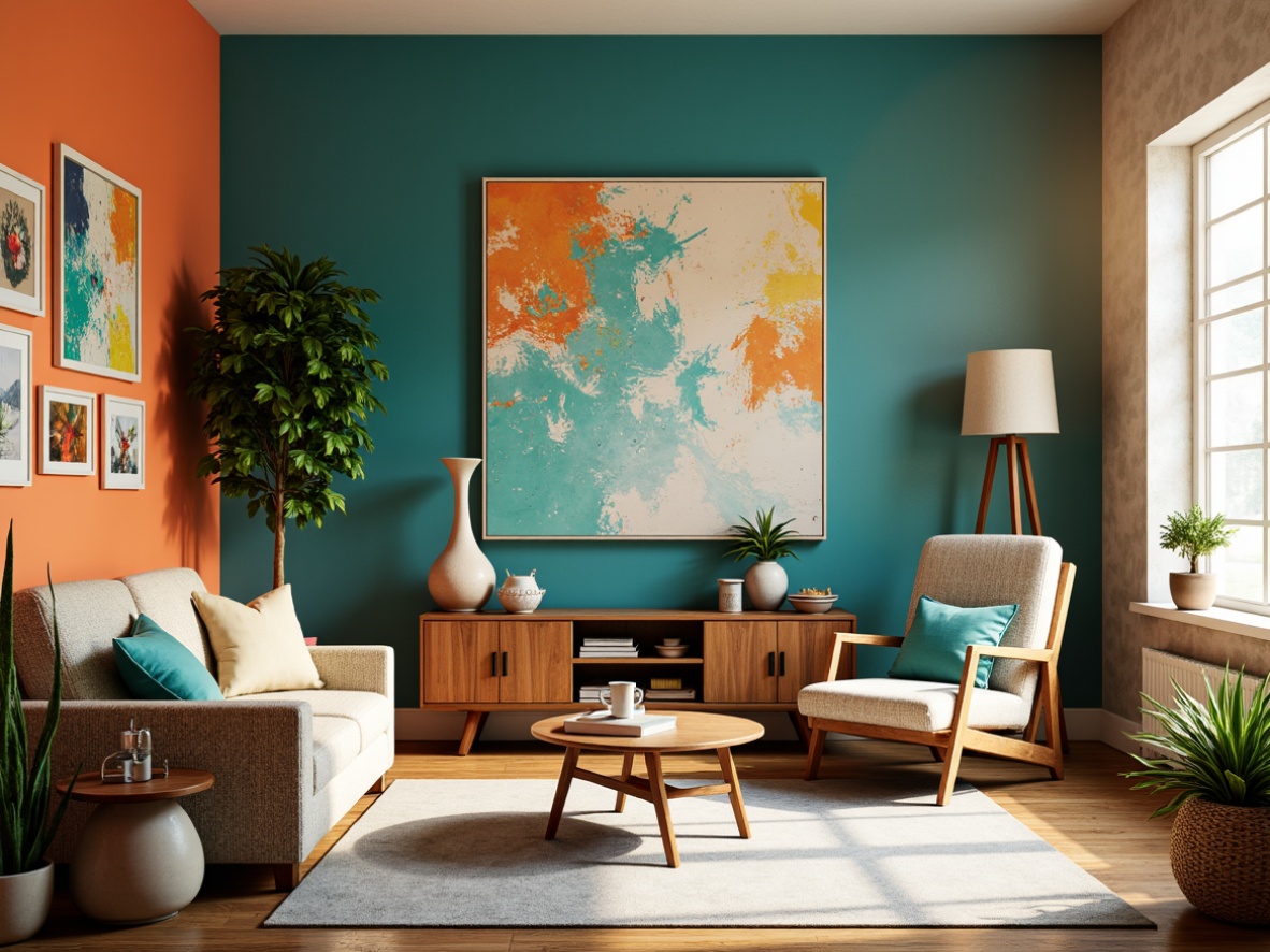 Prompt: Vibrant modern art studio, eclectic furniture pieces, bold brushstroke walls, rich turquoise accents, creamy white textures, warm golden lighting, shallow depth of field, 1/1 composition, soft focus, realistic renderings, ambient occlusion.