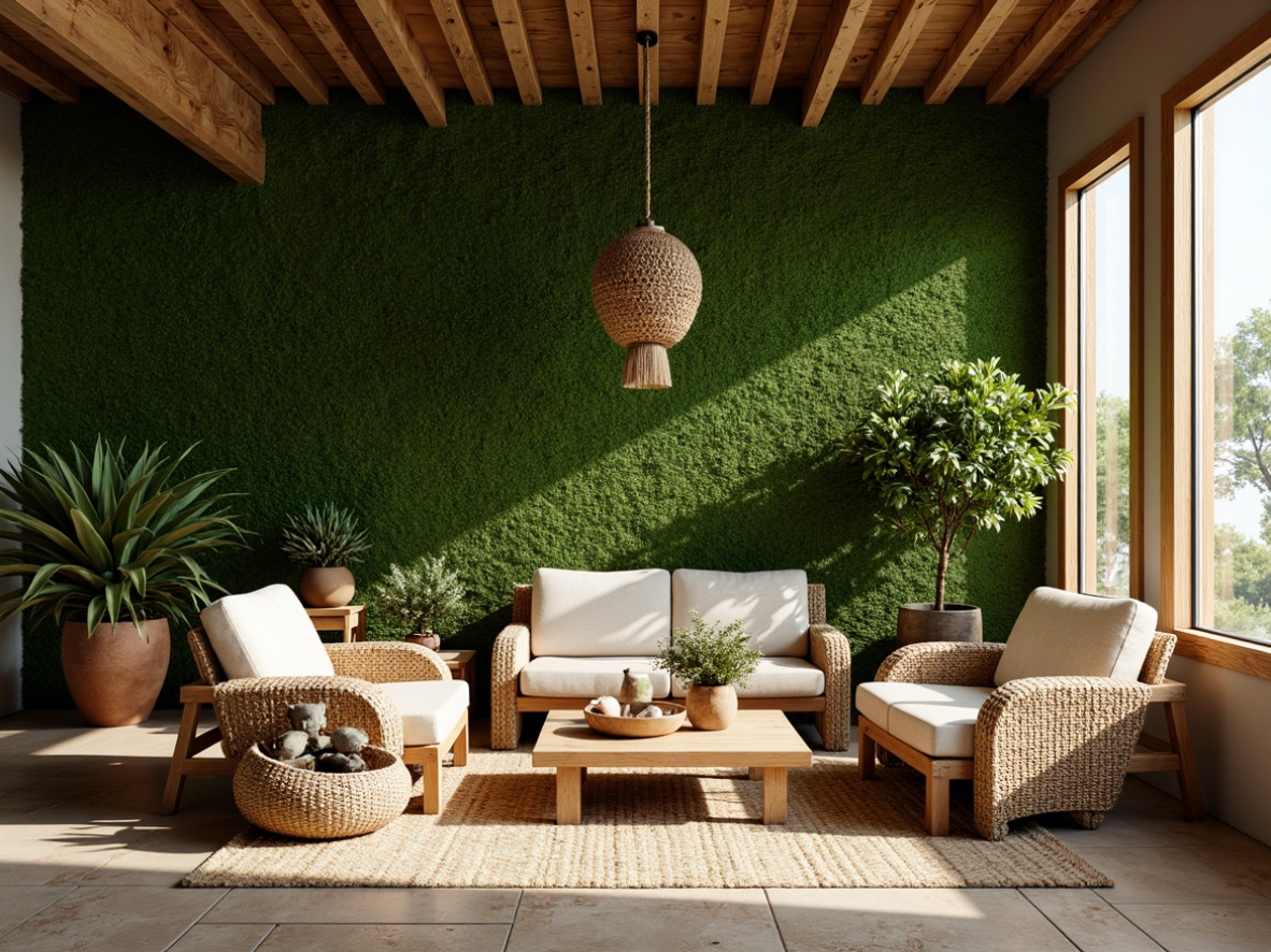 Prompt: Moss green accent wall, natural stone flooring, reclaimed wood furniture, earthy terracotta pots, lush greenery, soft warm lighting, shallow depth of field, 3/4 composition, panoramic view, realistic textures, ambient occlusion, serene atmosphere, organic shapes, bohemian-inspired decor, woven textiles, macrame details, botanical prints, nature-inspired patterns.