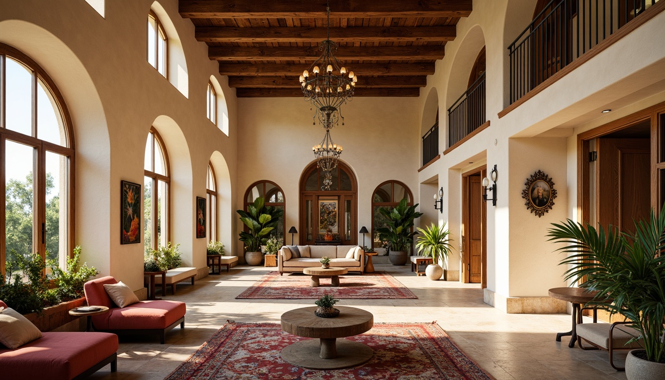 Prompt: Spacious great room, high ceilings, large windows, natural stone floors, rustic wooden beams, warm earthy tones, soft golden lighting, comfortable plush furnishings, vibrant colorful textiles, ornate metalwork, decorative archways, grandiose chandeliers, lush greenery, potted plants, open space layout, flowing floor plan, seamless transitions, Mediterranean-inspired accents, curved lines, ornate carvings, warm beige walls, elegant columns, airy atmosphere, soft shadows, 3/4 composition, panoramic view, realistic textures, ambient occlusion.