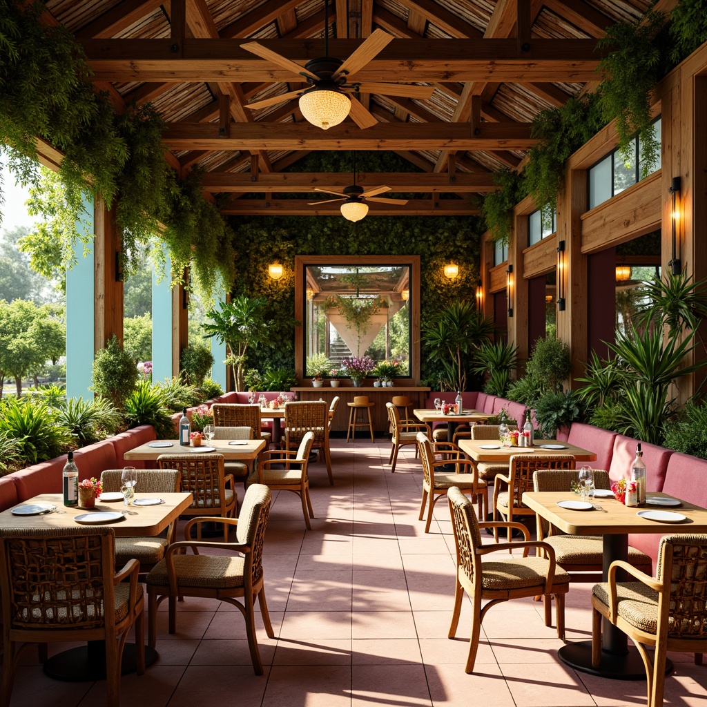 Prompt: Vibrant tropical restaurant interior, lush greenery walls, exotic flower arrangements, reclaimed wood accents, rattan furniture, colorful tiki torches, bamboo ceiling fans, woven natural fiber textiles, bright coral pink hues, sunny yellow accents, turquoise blue tones, warm golden lighting, shallow depth of field, 3/4 composition, panoramic view, realistic textures, ambient occlusion.