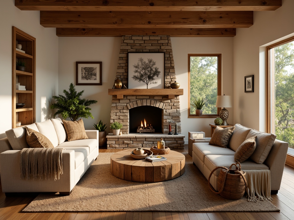 Prompt: Cozy great room, earthy color scheme, warm beige walls, rich wood tones, comfortable furnishings, plush throw blankets, natural stone fireplace, soft golden lighting, rustic metal accents, woven textiles, botanical prints, calming ambiance, serene atmosphere, 2/3 composition, warm neutral colors, inviting warmth, relaxing retreat.