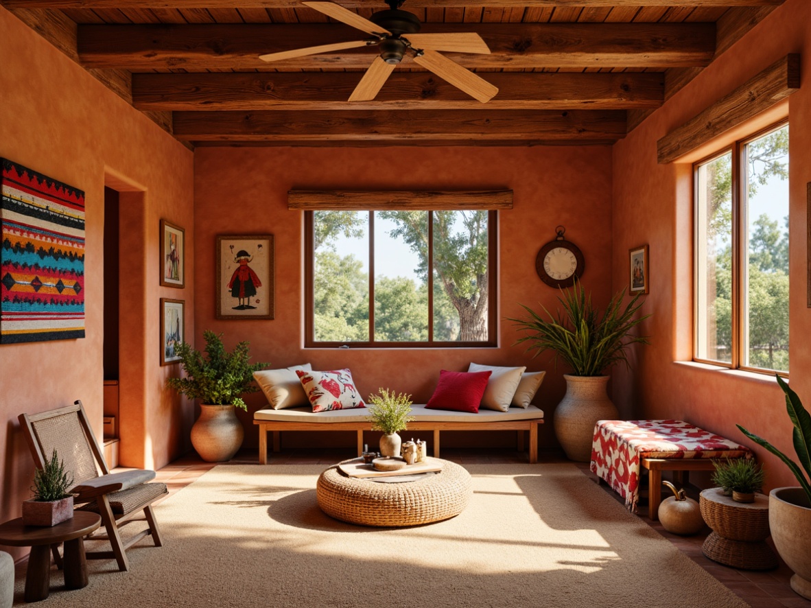 Prompt: Vibrant southwestern craft room, earthy terracotta walls, woven Native American-inspired textiles, colorful serape blankets, rustic wooden furniture, hand-carved decorative accents, natural fiber rugs, warm sandy beige flooring, abundant sunlight, soft warm lighting, 3/4 composition, shallow depth of field, authentic cultural patterns, traditional tribal motifs, cozy reading nook, plush pillows, eclectic artistic decor.