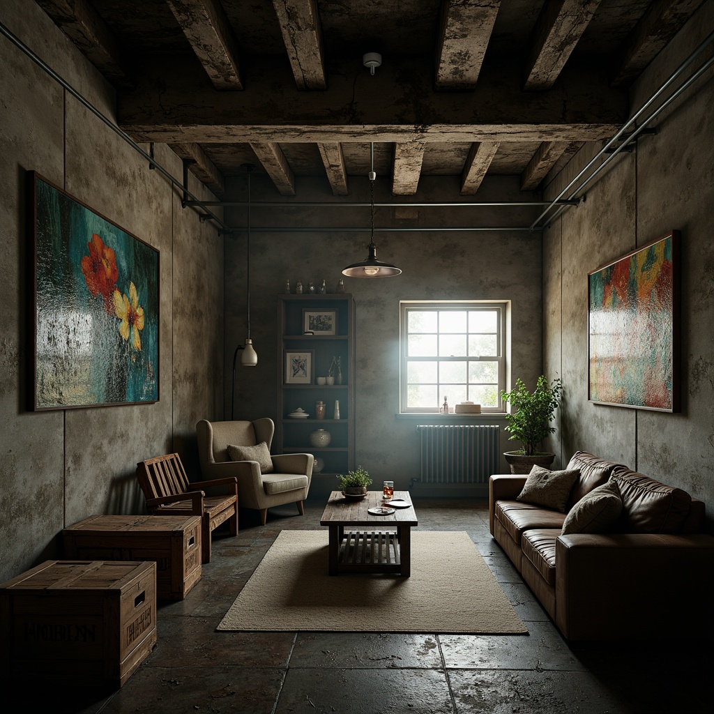 Prompt: Exposed concrete walls, rough stone foundations, industrial metal beams, dimly lit atmosphere, mysterious shadows, worn wooden crates, vintage machinery parts, distressed finishes, rusty metal accents, urban grunge textures, abstract expressionist artwork, eclectic mix of furniture pieces, reclaimed wood planks, industrial-style lighting fixtures, moody color palette, dramatic contrast, cinematic composition, atmospheric fog effect.