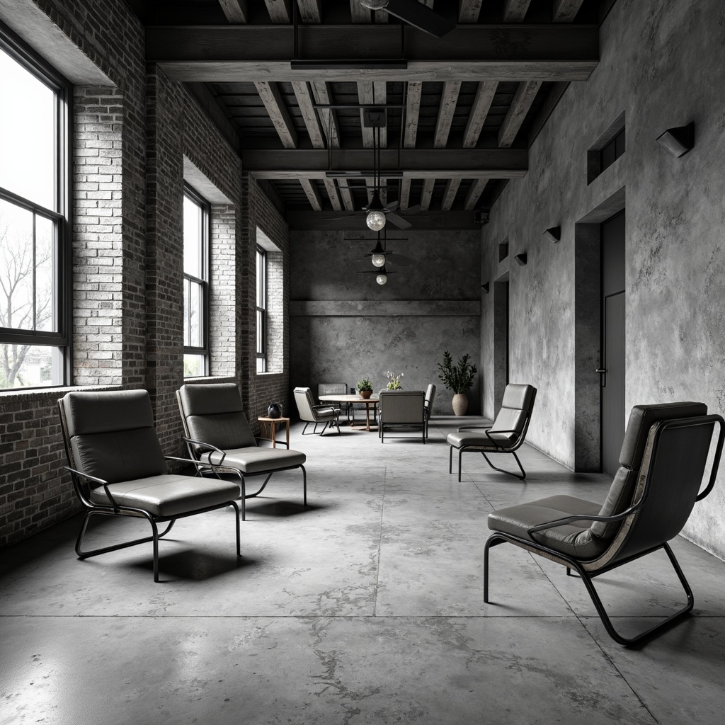 Prompt: Monochromatic color scheme, industrial materials, exposed brick walls, polished concrete floors, minimalist decor, functional furniture, tubular steel chairs, leather cushions, geometric patterns, rectangular shapes, natural light, high ceilings, open floor plans, raw wood accents, metal beams, brutalist architecture, 1/1 composition, softbox lighting, subtle shadows, ambient occlusion.