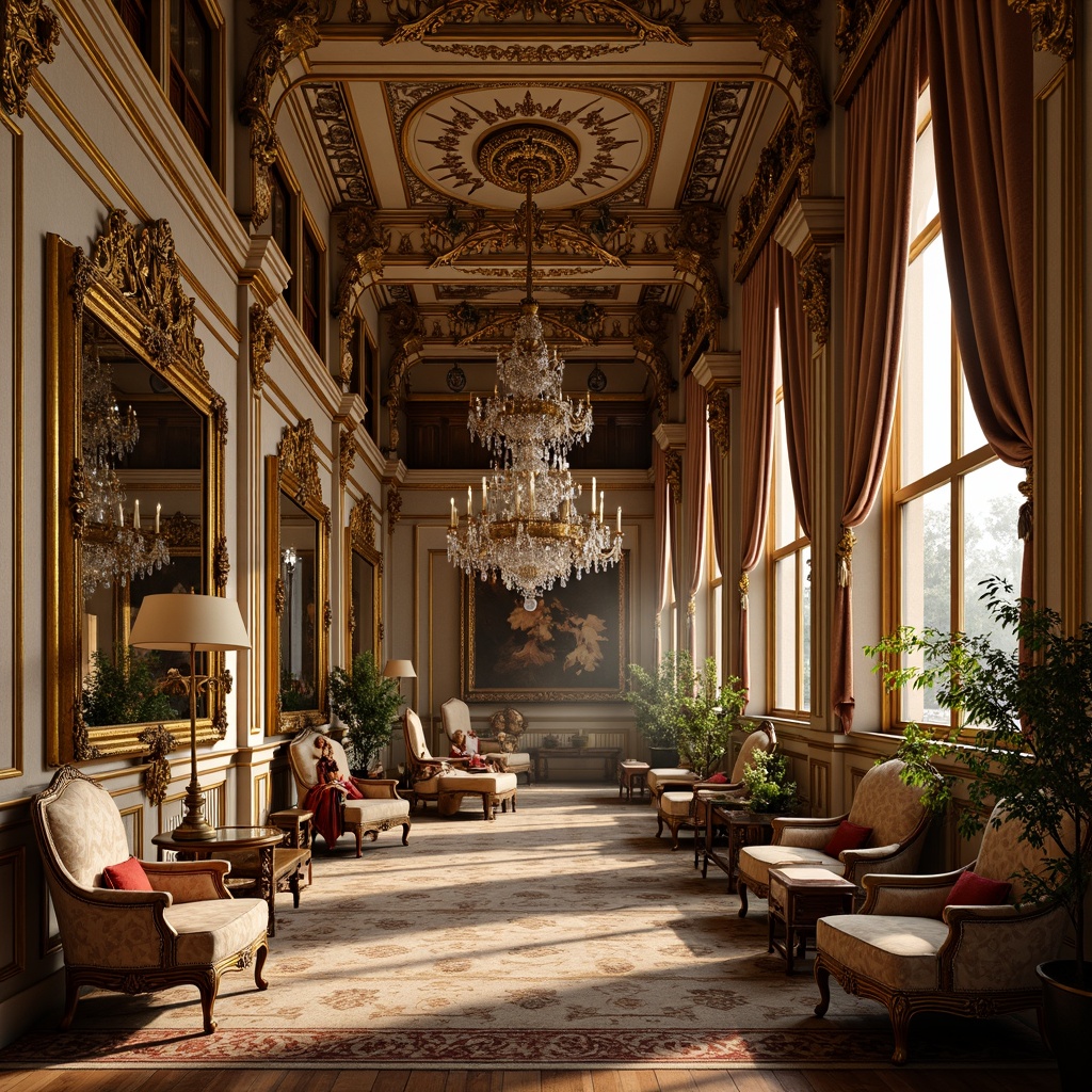 Prompt: Ornate palace, lavish furnishings, golden accents, intricate moldings, delicate carvings, ornamental mirrors, crystal chandeliers, velvet drapes, grand staircases, sweeping curves, dramatic lighting, soft focus, shallow depth of field, 2/3 composition, warm color palette, luxurious textiles, gilded frames, exquisite craftsmanship.