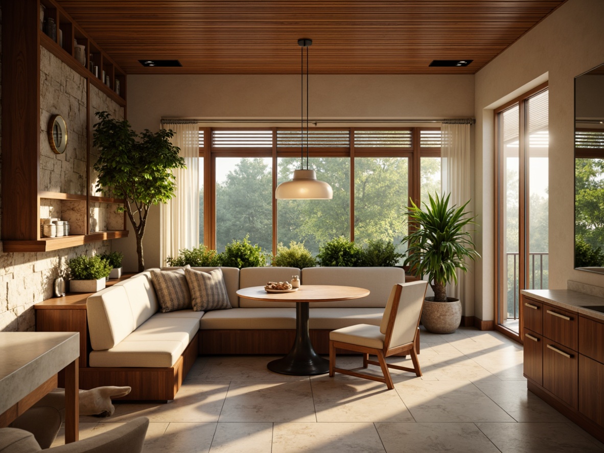 Prompt: Cozy breakfast nook, warm wooden accents, soft morning light, pendant lamps, recessed lighting, under-cabinet illumination, marble countertops, sleek cabinetry, minimalist decor, natural stone walls, greenery-filled windows, sunny day, gentle warm glow, shallow depth of field, 1/1 composition, realistic textures, ambient occlusion.