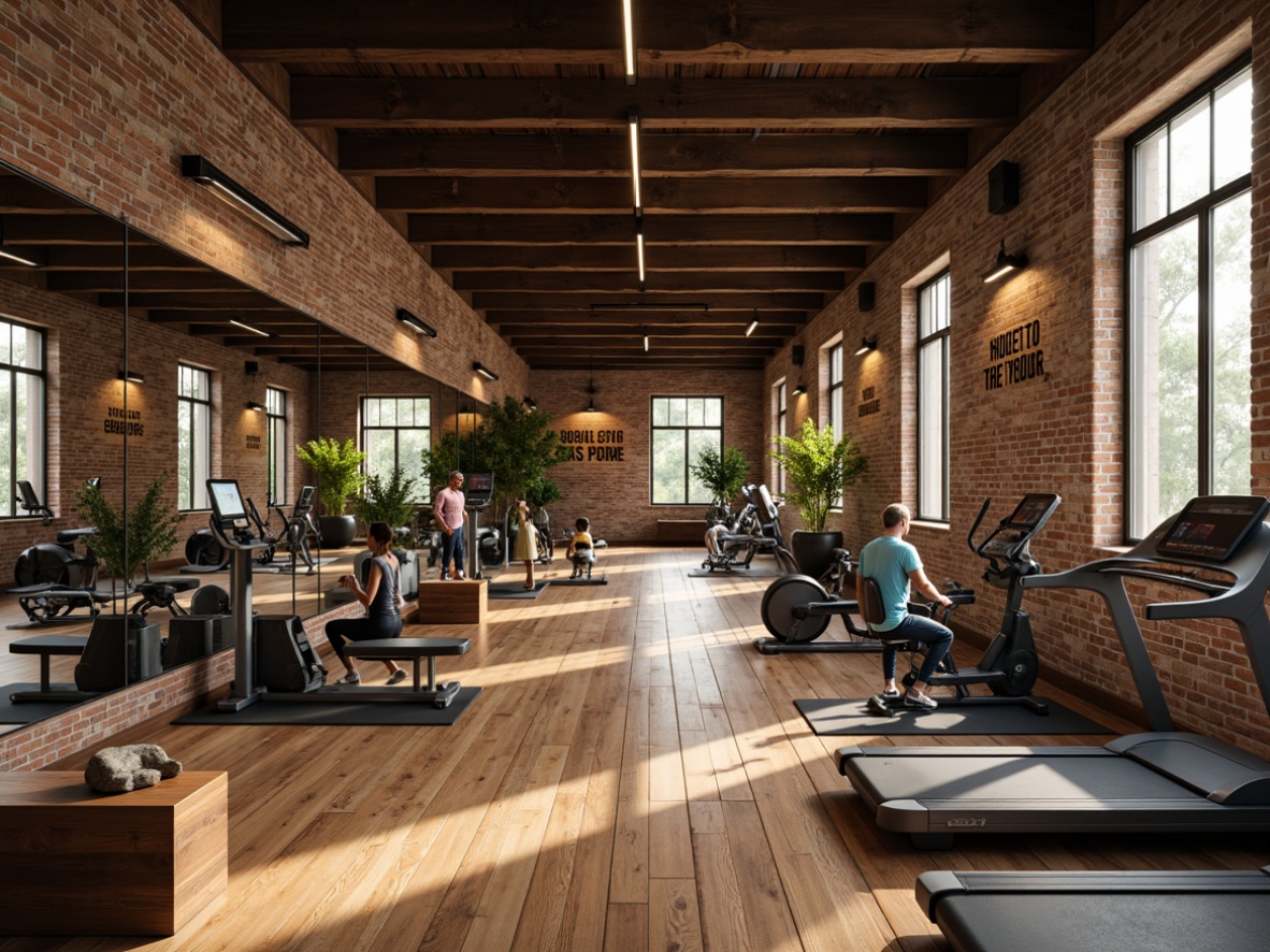 Prompt: Rustic home gym, wooden flooring, distressed brick walls, industrial metal beams, mirrored workout area, rubber flooring, exercise equipment, free weights, treadmills, stationary bikes, weight benches, yoga mats, motivational quotes, natural stone accents, reclaimed wood shelves, earthy color palette, soft warm lighting, shallow depth of field, 3/4 composition, realistic textures, ambient occlusion.