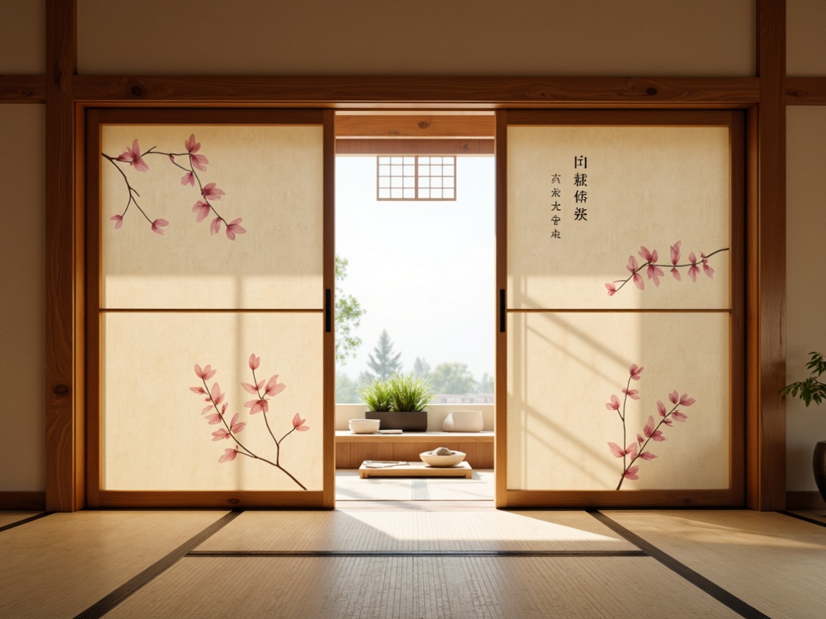 Prompt: Traditional Japanese sliding doors, natural wood accents, warm beige walls, soft rice paper textures, subtle cherry blossom patterns, delicate Kanji calligraphy, minimal ornamentation, serene ambient lighting, shallow depth of field, 1/1 composition, realistic wood grain, ambient occlusion.