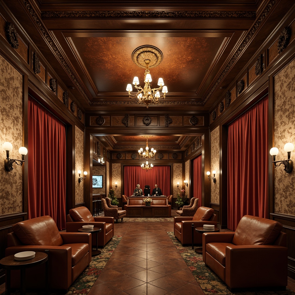 Prompt: Luxurious cinema interior, rich wood accents, distressed leather upholstery, ornate metal fixtures, vintage-inspired lighting, warm earthy tones, plush velvet drapes, intricate wood carvings, decorative molding details, statement chandeliers, rustic stone walls, cozy intimate seating areas, soft warm glow, shallow depth of field, 1/1 composition, realistic textures, ambient occlusion.