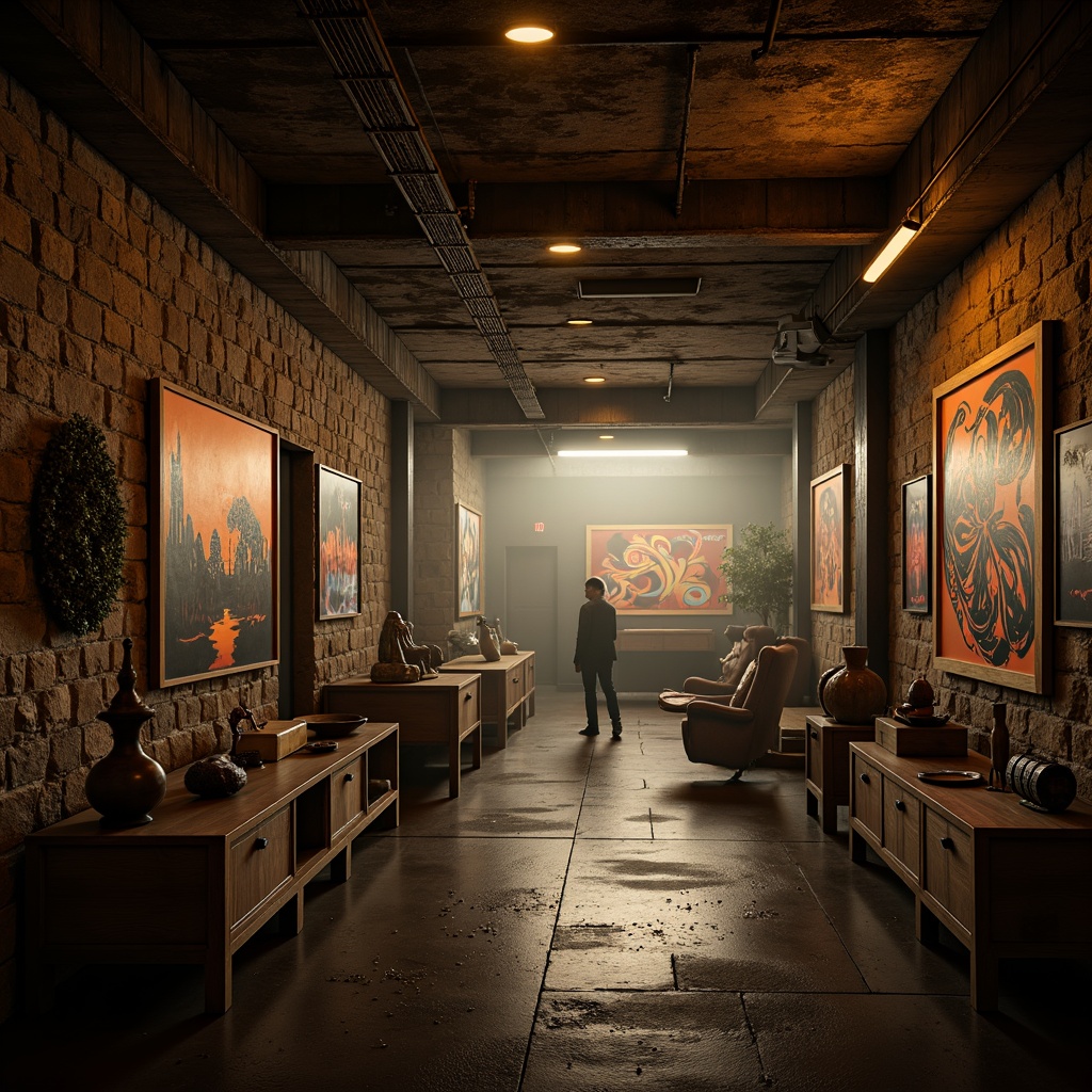 Prompt: Moody underground space, dimly lit atmosphere, rough stone walls, exposed brickwork, industrial metal beams, distressed wood accents, eclectic art pieces, avant-garde sculptures, abstract expressionist paintings, vibrant graffiti murals, atmospheric fog effects, warm golden lighting, dramatic shadows, cinematic composition, low-angle shot, mysterious ambiance, experimental sound design.