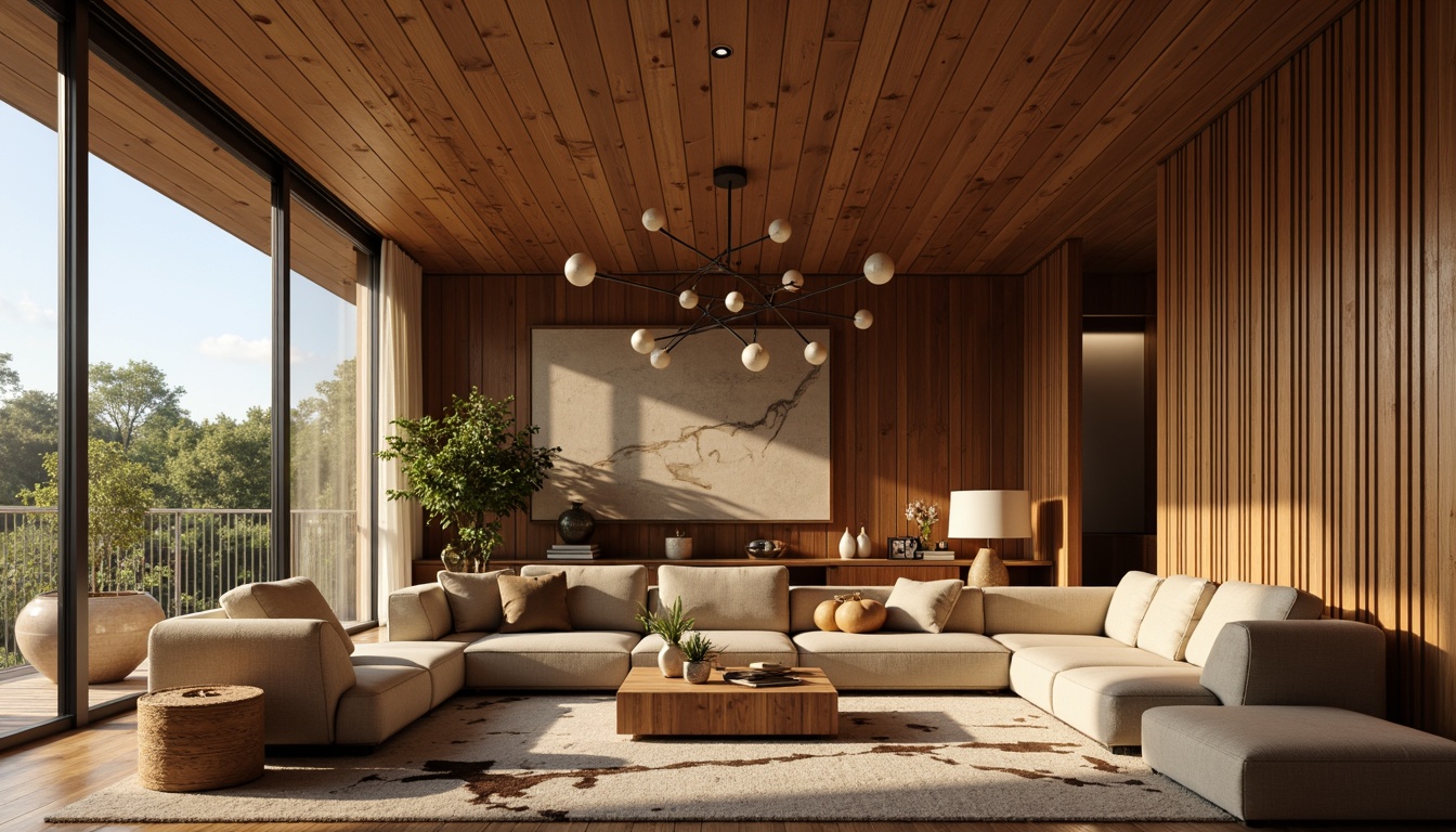 Prompt: Mid-century modern interior, sleek lines, organic shapes, warm wood tones, brass accents, geometric patterns, minimalist decor, statement lighting fixtures, sputnik chandeliers, globe pendants, cylindrical shades, linen drum lamps, wooden lamp bases, natural textiles, earthy color palette, soft warm glow, 1/1 composition, shallow depth of field, realistic textures, ambient occlusion.