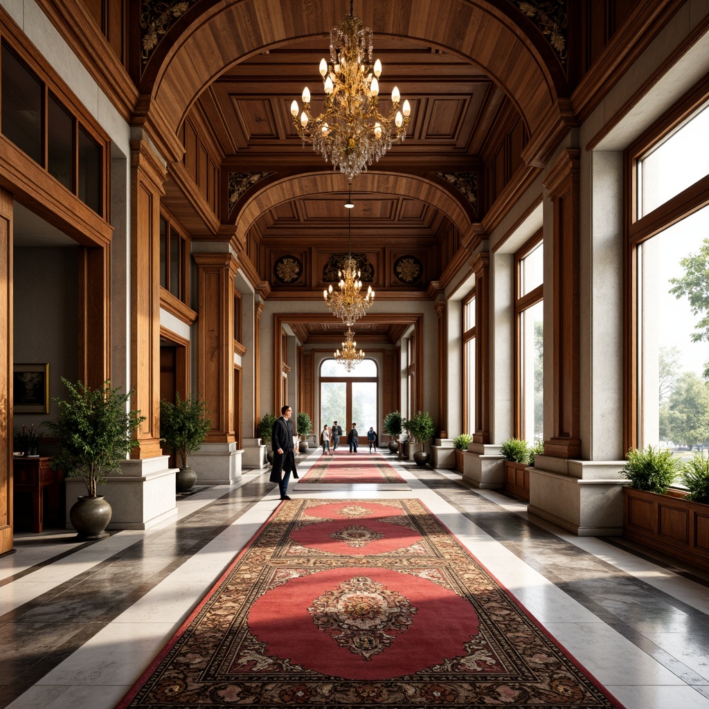 Prompt: Elegant classical columns, ornate carvings, rich marble floors, warm wooden panels, intricately patterned rugs, luxurious velvet fabrics, gilded gold accents, crystal chandeliers, soft diffused lighting, shallow depth of field, 2/3 composition, symmetrical arrangement, realistic textures, ambient occlusion.