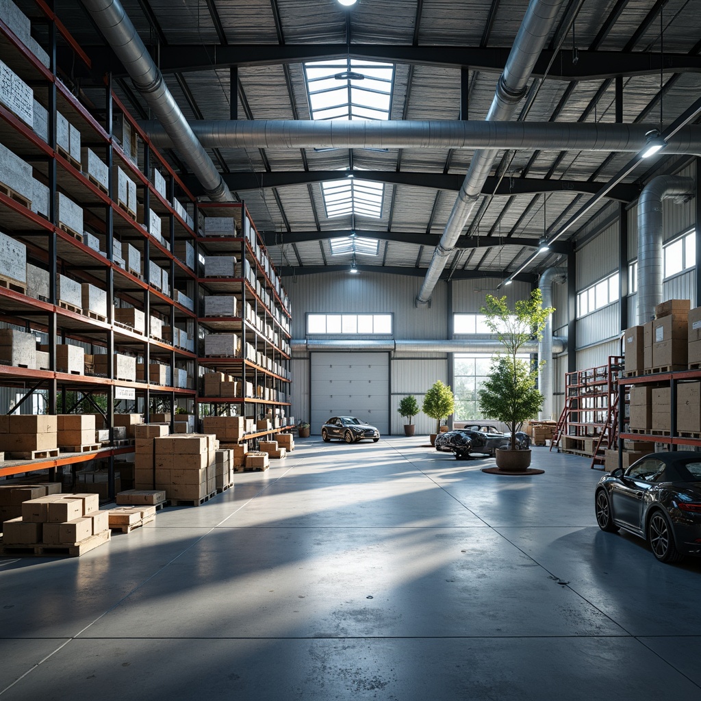 Prompt: Industrial distribution center, vaulted ceilings, exposed ductwork, polished concrete floors, steel beams, modern LED lighting, rows of shelving units, inventory storage racks, commercial-grade equipment, spacious open areas, natural light pouring in, soft gradient shadows, 1/1 composition, realistic metallic textures, ambient occlusion.