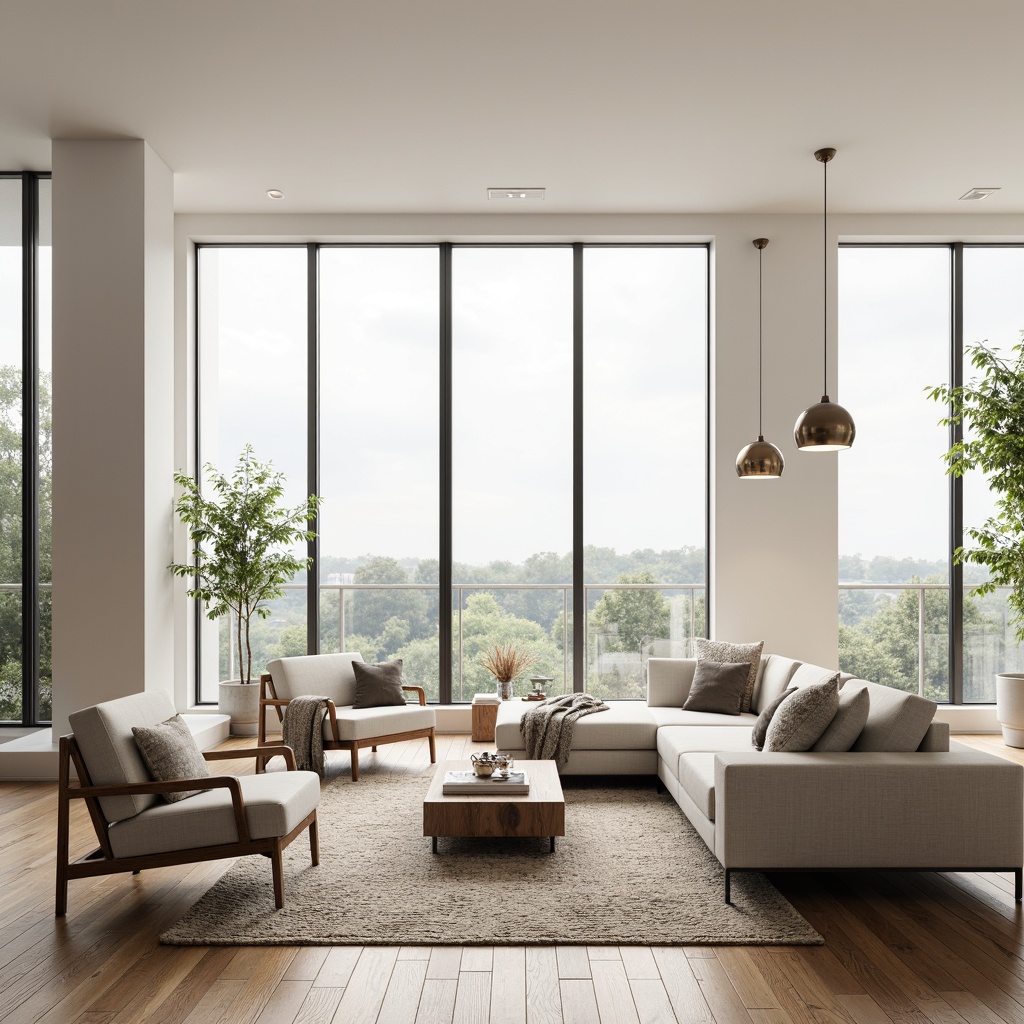 Prompt: Minimalist living room, light-filled space, wooden flooring, pale color palette, Nordic-inspired furniture, sleek low-profile sofas, natural linen upholstery, solid oak coffee tables, geometric-patterned rugs, pendant lighting fixtures, industrial-chic metal accents, cozy throw blankets, lush greenery, floor-to-ceiling windows, soft diffused daylight, 1/1 composition, shallow depth of field, realistic textures, ambient occlusion.