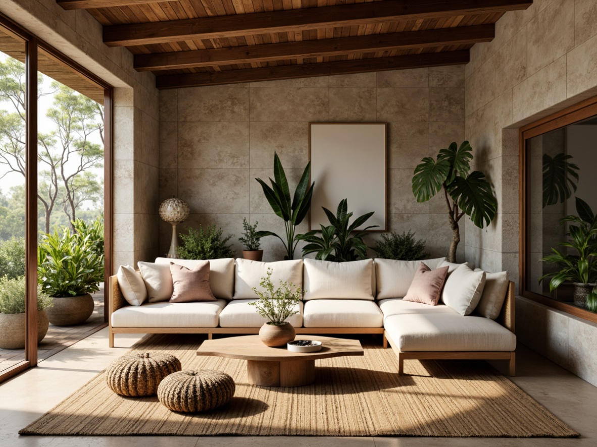 Prompt: Earthy living room, reclaimed wood furniture, natural stone walls, woven bamboo rugs, linen upholstery, jute fiber carpets, rattan accents, organic shapes, earthy color palette, warm soft lighting, cozy ambiance, lush greenery, potted plants, wooden ceiling beams, exposed brick walls, minimalist decor, nature-inspired patterns, organic textures, realistic materials, 1/1 composition, shallow depth of field.