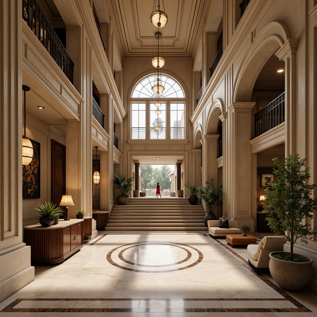 Prompt: Elegant classic architecture, ornate facades, Corinthian columns, marble surfaces, intricate stone carvings, rich wood tones, polished bronze details, grand entranceways, sweeping staircases, vaulted ceilings, crystal chandeliers, lavish furnishings, luxurious textiles, warm neutral color palette, soft golden lighting, subtle shadows, realistic textures, ambient occlusion.