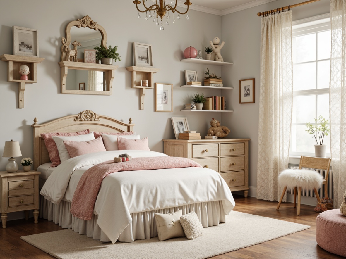 Prompt: Whimsical kids' bedroom, soft pastel colors, distressed finishes, vintage furniture, floral patterns, lace curtains, rustic wooden accents, creamy whites, warm beige tones, playful polka dots, gentle pink hues, tender blue shades, sweet innocence ambiance, natural light pouring in, sheer fabrics, delicate ruffles, ornate mirrors, decorative wall shelves, adorable stuffed animals, childish artwork displays, 1/2 composition, warm soft focus, realistic textures, subtle color grading.