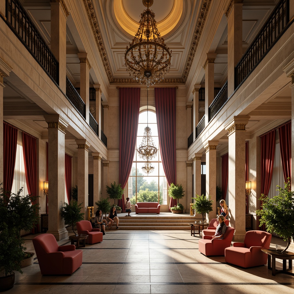 Prompt: Majestic hall interior, classicism style, ornate columns, carved marble details, grand chandeliers, sweeping staircases, lavish furnishings, velvet drapes, golden accents, intricate moldings, high ceilings, symmetrical composition, soft warm lighting, subtle shading, realistic textures, ambient occlusion, 1/1 aspect ratio, central perspective.