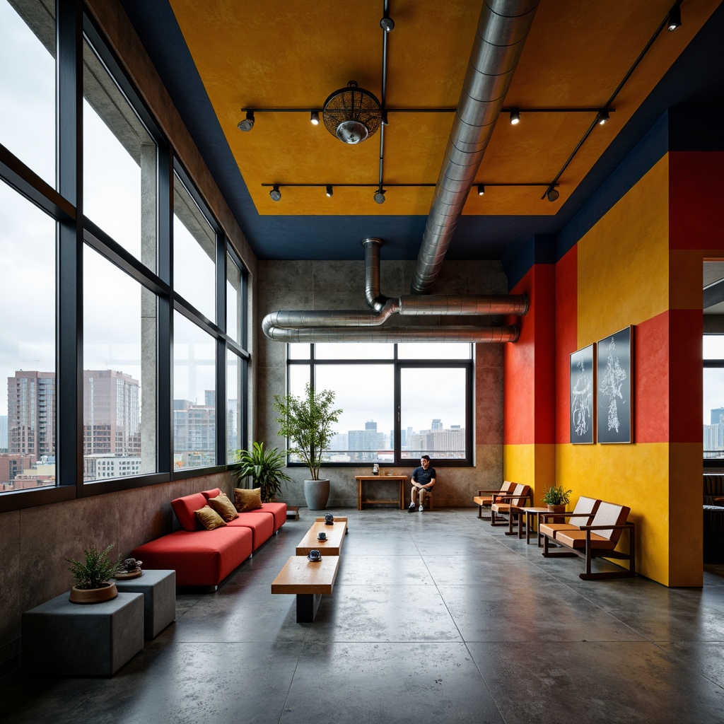 Prompt: Vibrant Bauhaus architecture, bold primary colors, geometric shapes, industrial materials, exposed ductwork, concrete floors, metal beams, minimalist decor, functional furniture, urban cityscape, overcast sky, dramatic shadows, high contrast lighting, 1-point perspective, deep depth of field, realistic textures, ambient occlusion.