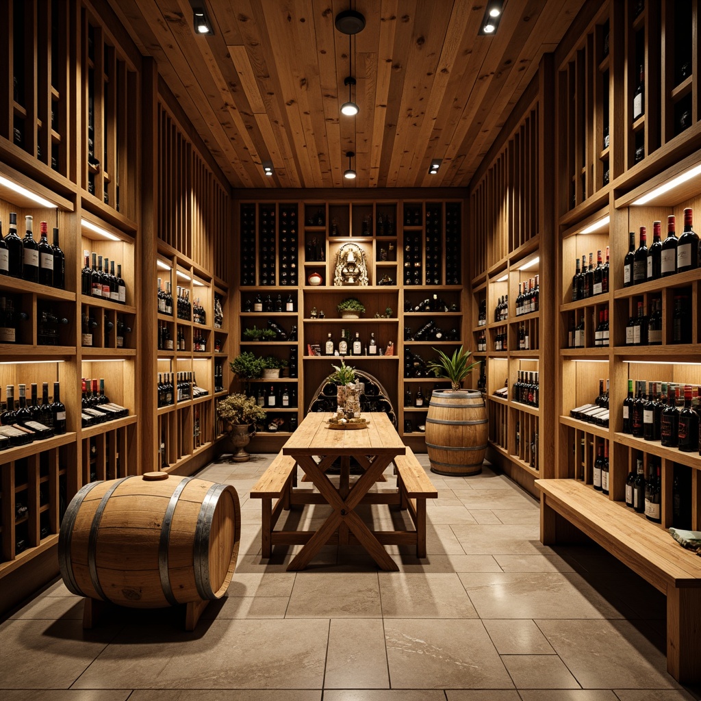 Prompt: Climate-controlled wine cellar, insulated walls, double-glazed windows, humidification systems, precision temperature control, 55\u00b0F-58\u00b0F storage, oak wood shelving, dimmable LED lighting, stone flooring, rustic decor, aged wooden barrels, vintage wine bottles, soft warm ambiance, shallow depth of field, 1/1 composition, realistic textures, ambient occlusion.