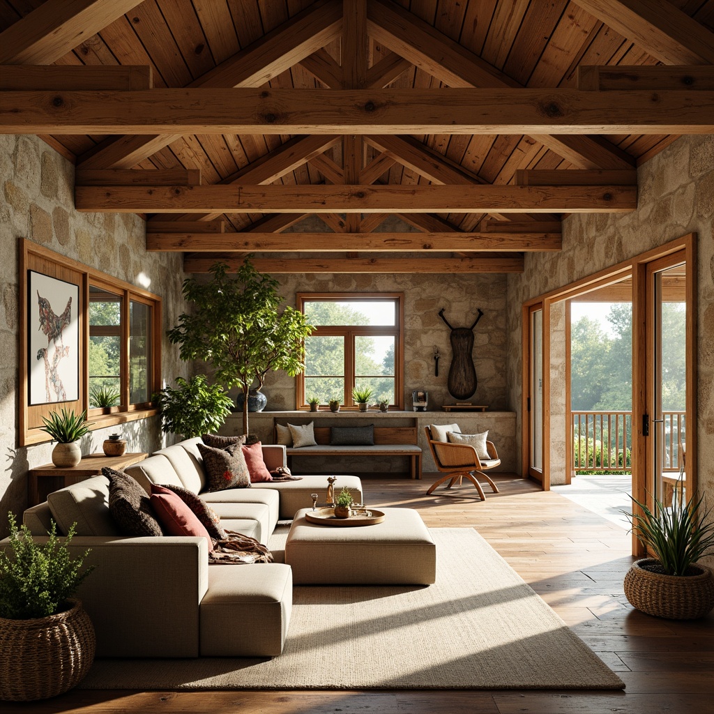 Prompt: Rustic farmhouse, open floor plan, spacious living area, exposed wooden beams, natural stone walls, reclaimed wood flooring, earthy color palette, large windows, sliding glass doors, cozy reading nook, plush sectional sofa, vintage farm tools, distressed metal decor, potted greenery, warm sunny day, soft ambient lighting, shallow depth of field, 3/4 composition, panoramic view, realistic textures, ambient occlusion.