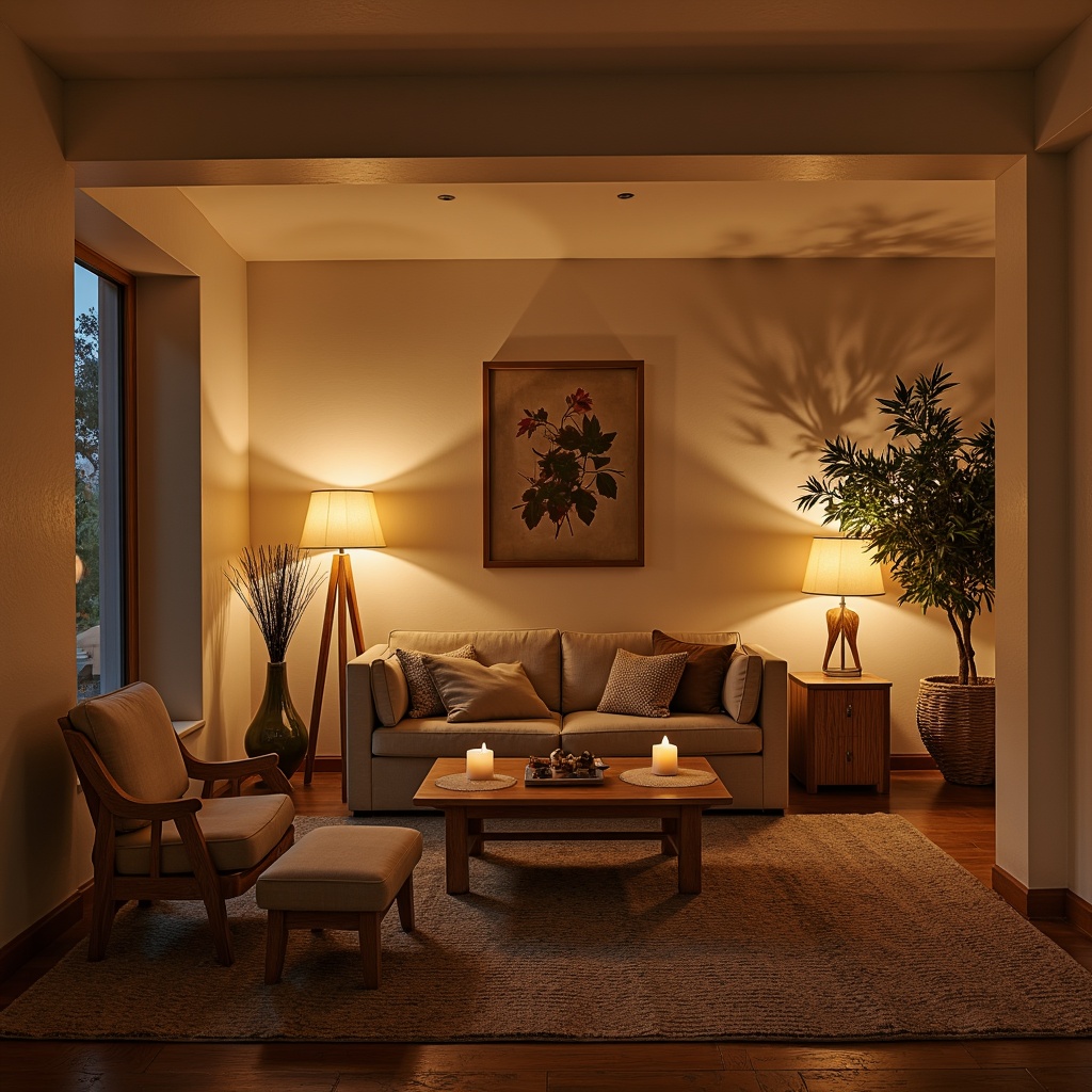 Prompt: Cozy living room, warm beige walls, plush furnishings, soft area rugs, floor lamps, table lamps, pendant lights, candlelight ambiance, golden warm glow, relaxing atmosphere, comfortable seating, natural textiles, earthy color palette, rustic wooden accents, minimal ornamentation, calm mood lighting, 1/2 composition, shallow depth of field, realistic shadows, ambient occlusion.