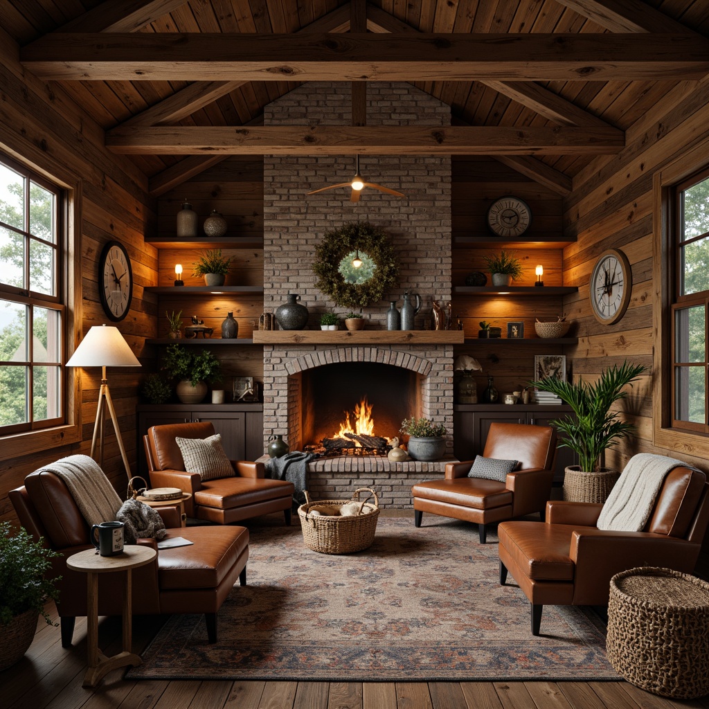 Prompt: Cozy cabin, wooden accents, earthy tones, natural textures, vintage decorations, distressed finishes, worn leather armchairs, crackling fireplace, warm candlelight, rustic wooden beams, exposed brick walls, metal lanterns, antique furniture pieces, woven baskets, potted plants, soft blankets, nature-inspired color palette, shallow depth of field, 1/1 composition, soft warm lighting, realistic textures, ambient occlusion.