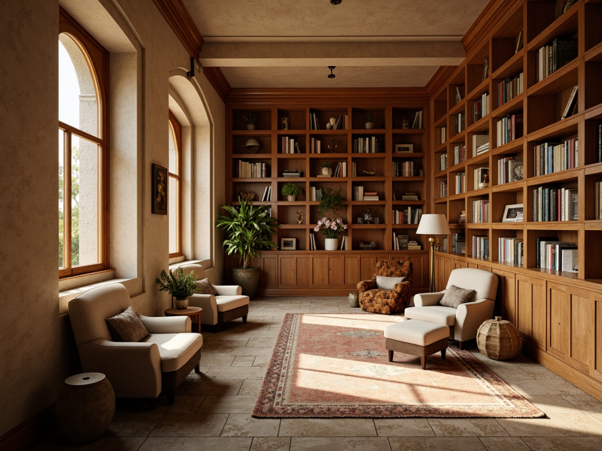 Prompt: Rich wooden shelves, warm beige walls, soft golden lighting, comfortable seating areas, cozy reading nooks, vintage book collections, earthy tone rugs, natural stone flooring, subtle texture accents, calming atmosphere, warm neutral colors, gentle color transitions, 1/2 composition, shallow depth of field, realistic textures, ambient occlusion.