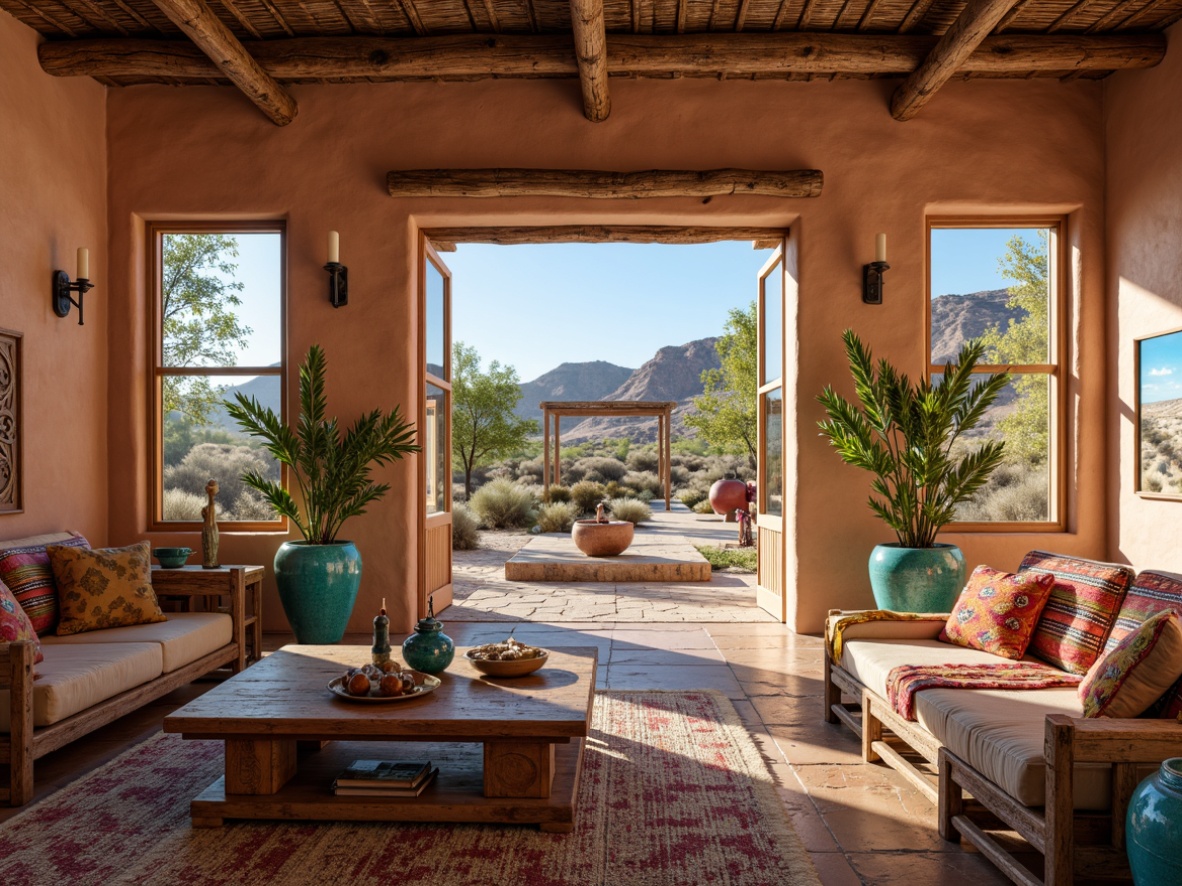 Prompt: Southwestern adobe architecture, earthy tone walls, rustic wooden accents, vibrant turquoise ceramics, woven textiles, Aztec-inspired patterns, geometric motifs, natural stone flooring, reclaimed wood beams, warm candle lighting, desert landscape views, sandy dunes, cactus plants, hot sunny day, clear blue sky, vast open space, Talavera pottery, colorful serape blankets, intricate carvings, rustic metalwork, ornate mirrors, clay roofing tiles, adobe arches, bold colorful art pieces, eclectic furniture arrangements.