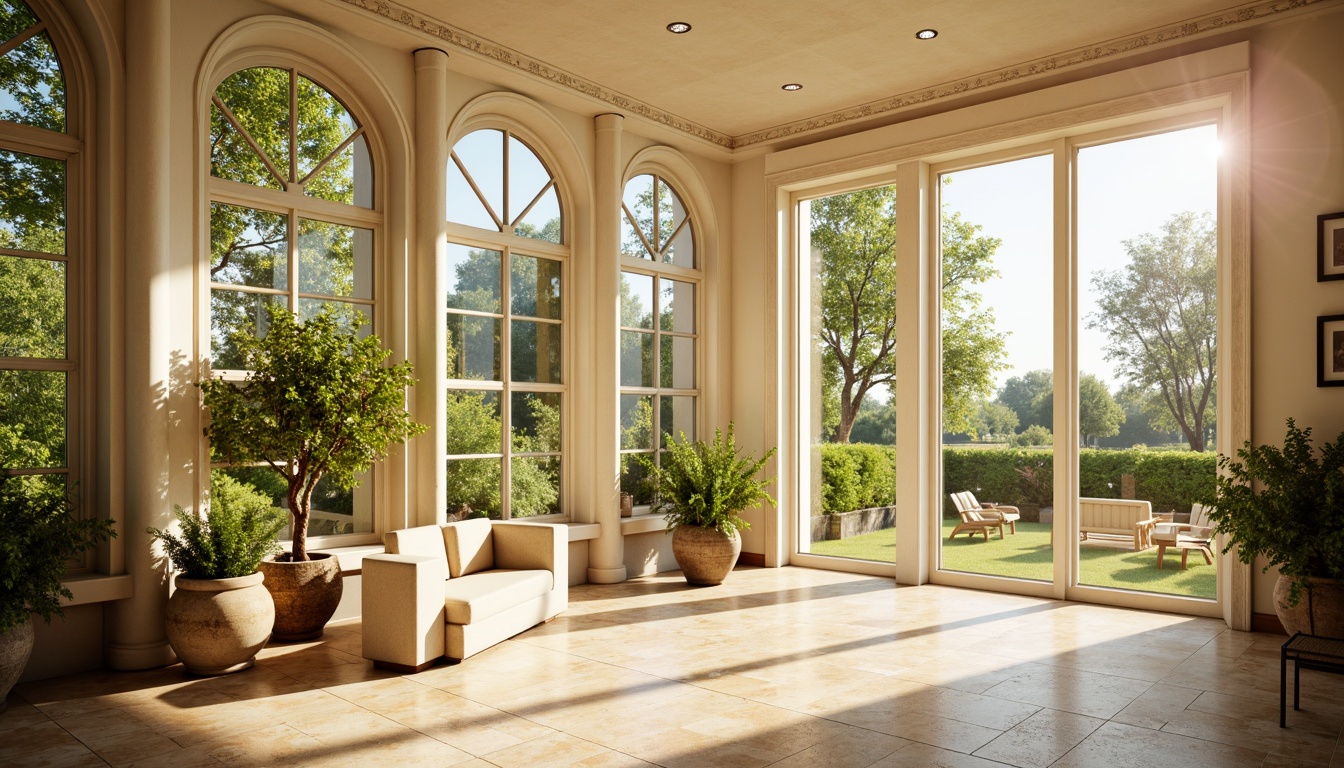 Prompt: Sun-drenched sunroom, elegant classicism style, large windows, sliding glass doors, creamy white walls, warm beige flooring, lush greenery, natural stone accents, ornate moldings, soft golden lighting, shallow depth of field, 1/2 composition, warm color palette, realistic textures, ambient occlusion.