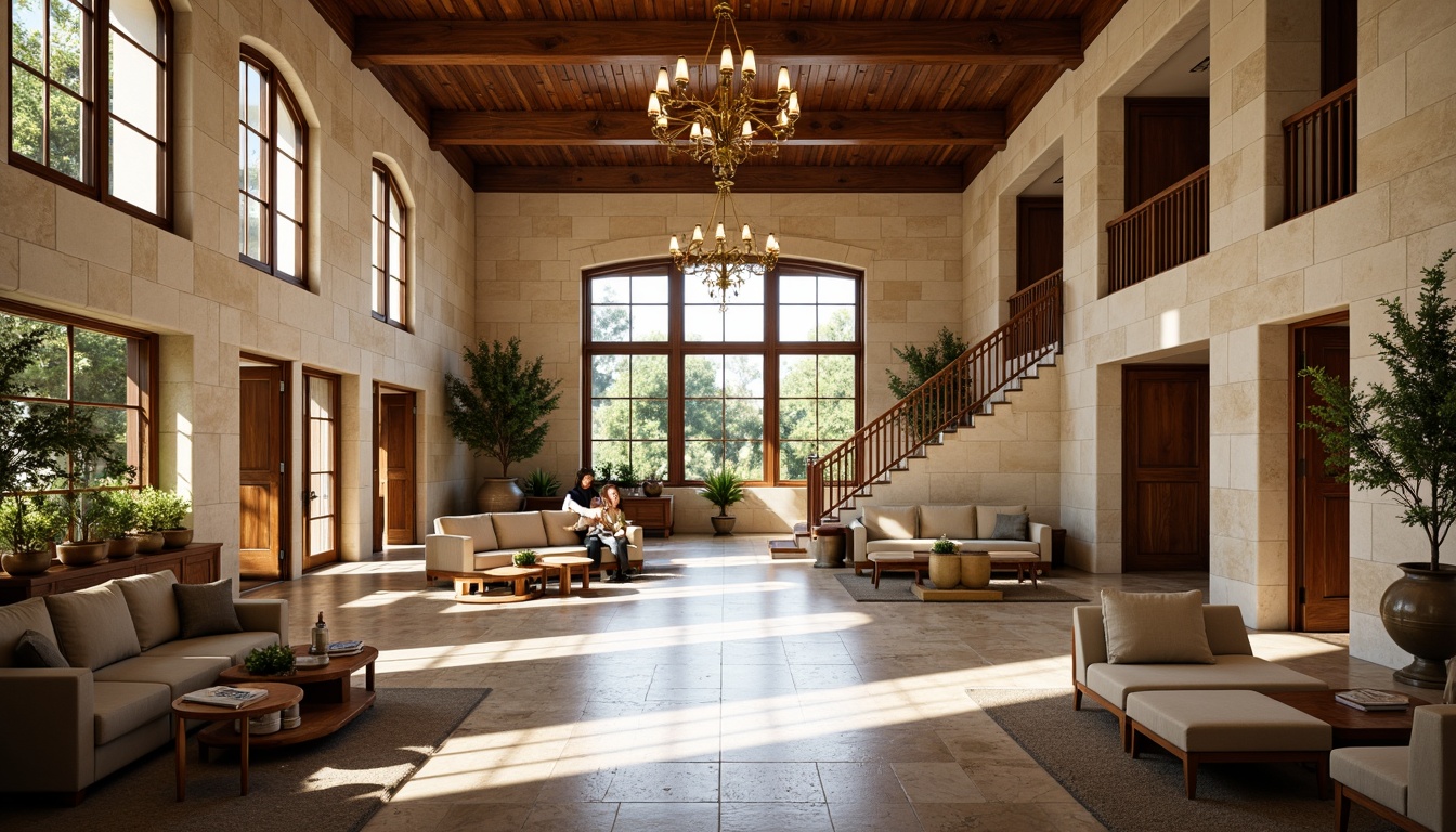 Prompt: Rustic community center, classicism style interior, textured stone walls, ornate wooden paneling, warm beige color scheme, elegant chandeliers, polished marble floors, grand staircases, intricate moldings, ornamental columns, comfortable seating areas, natural light pouring through large windows, soft warm lighting, realistic textures, ambient occlusion, shallow depth of field, 3/4 composition, panoramic view.