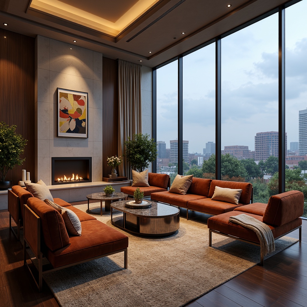 Prompt: Luxurious living room, sleek modern furniture, velvety soft couches, rich wood accents, metallic chrome legs, ambient warm lighting, marble coffee tables, woven wool rugs, natural stone fireplaces, floor-to-ceiling windows, urban city views, minimalist decor, greenery plants, abstract artwork, 3D geometric patterns, sophisticated color palette, high-gloss finishes, subtle texture contrasts, shallow depth of field, 1/1 composition, realistic reflections, atmospheric lighting.