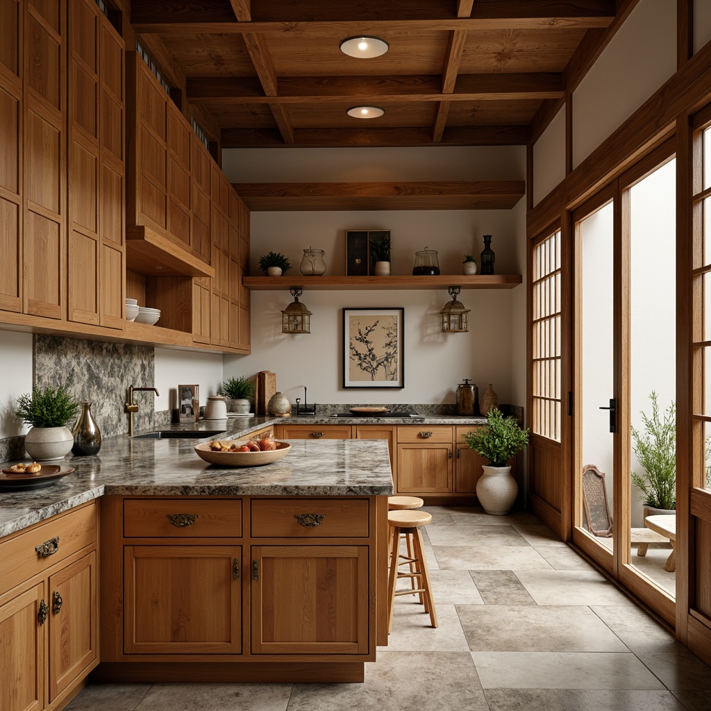 Prompt: Richly veined marble countertops, warm honey-toned wood cabinets, ornate metal hardware, traditional Japanese shoji screens, sliding rice paper doors, natural stone flooring, subtle bamboo accents, soft diffused lighting, shallow depth of field, 1/2 composition, realistic textures, ambient occlusion, serene Asian-inspired kitchen atmosphere.