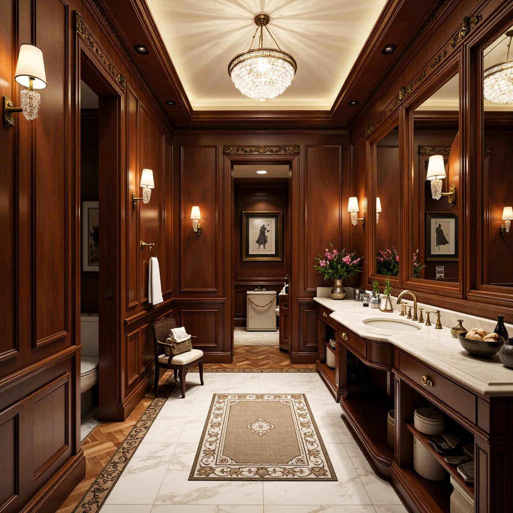 Prompt: Luxurious traditional powder room, ornate furnishings, elegant chandeliers, soft warm lighting, rich wood tones, marble countertops, classic architectural details, herringbone patterned hardwood flooring, high-gloss finish, subtle sheen, creamy white Carrara marble floors, intricate inlays, ornamental borders, plush area rugs, sophisticated ambiance, dramatic ceiling fixtures, crystal door handles, opulent decorative mirrors.