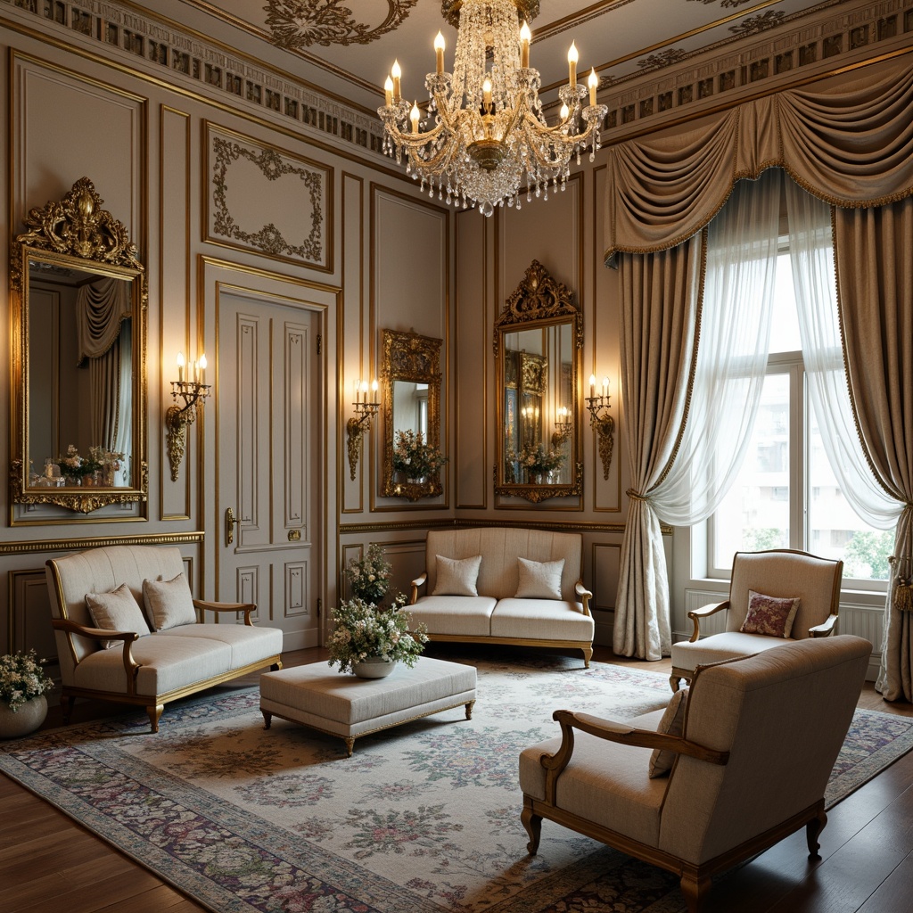 Prompt: Ornate Rococo-style room, lavish furnishings, curved lines, gilded accents, luxurious velvet fabrics, intricately carved wooden frames, ornamental mirrors, crystal chandeliers, soft pastel color palette, delicate floral patterns, French-inspired cabinetry, marble tabletops, tufted upholstery, golden metal hardware, dramatic drapery, opulent textures, warm candlelight, 1/1 composition, shallow depth of field, realistic reflections.