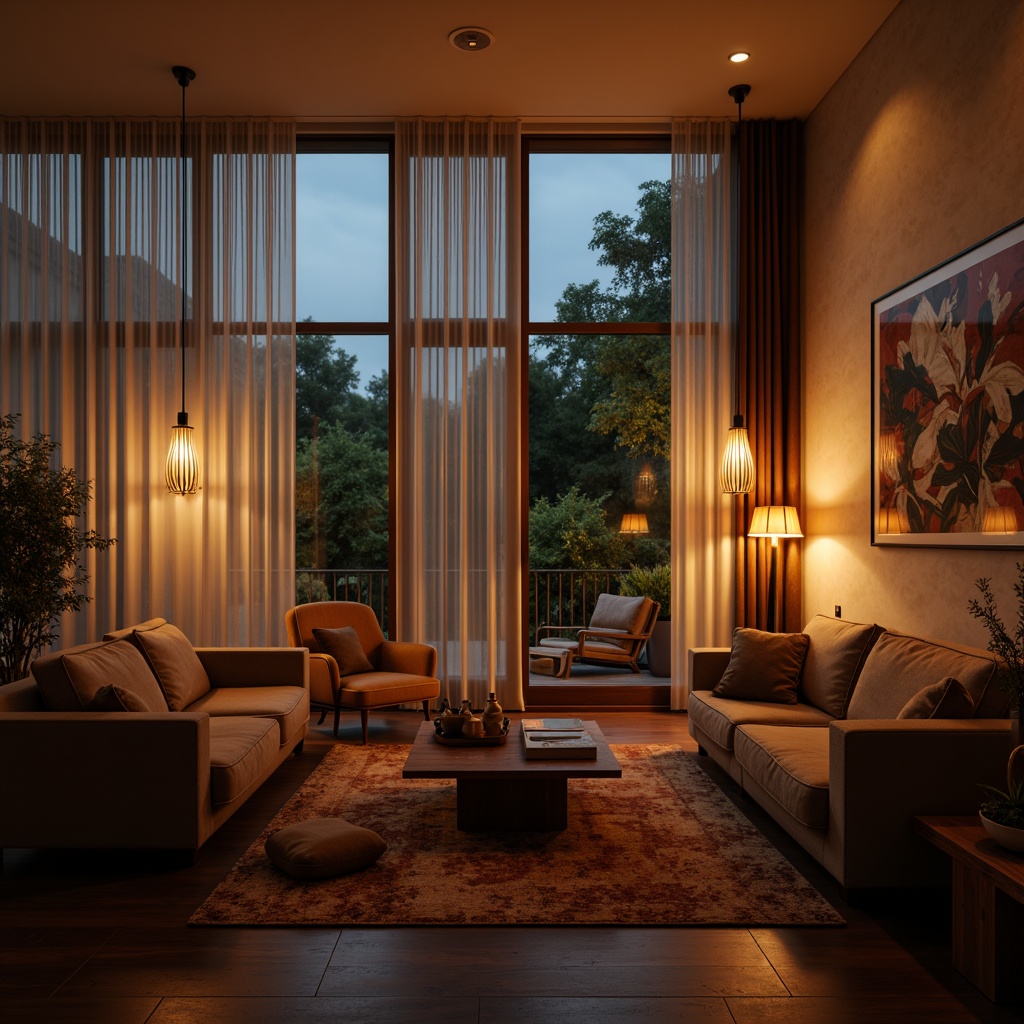 Prompt: Cozy living room, warm ambiance, soft glowing lamps, floor-to-ceiling windows, natural light pouring in, sheer curtains, minimal ornamentation, elegant pendant lights, wooden furniture, earthy tones, comfortable seating area, intimate atmosphere, subtle shadows, warm color temperature, 1/2 composition, shallow depth of field, realistic textures.