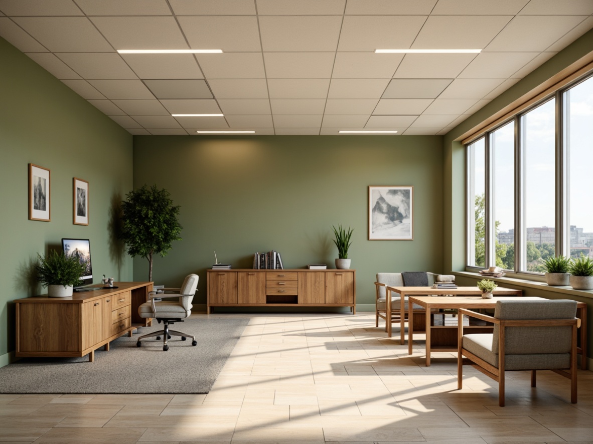 Prompt: Modern office interior, cohesive color palette, calm atmosphere, wooden furniture, ergonomic chairs, minimalist decor, natural materials, earthy tones, soothing green walls, creamy white ceilings, rich wood accents, sleek metal fixtures, subtle textures, ambient lighting, soft shadows, 1/2 composition, warm color temperature, realistic render.