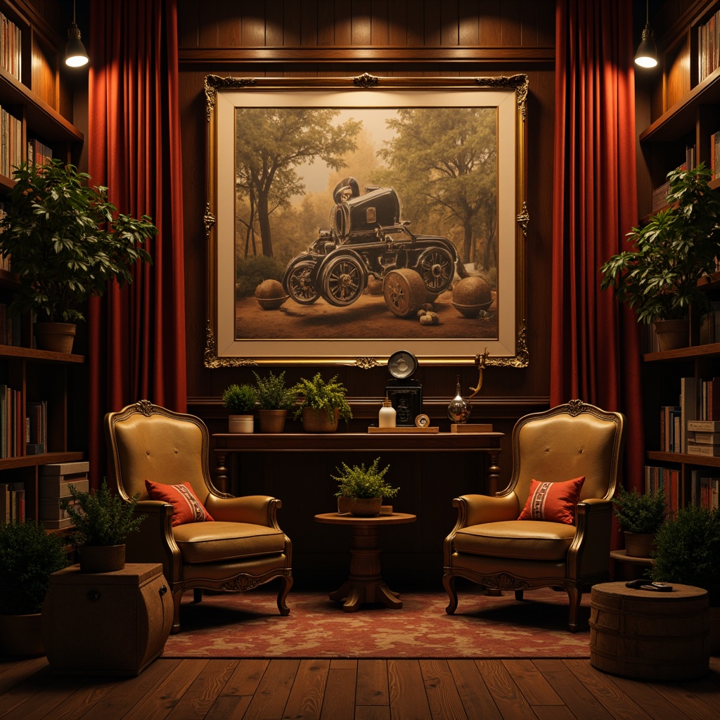 Prompt: Warm, earthy tones, wooden textures, vintage cameras, classic film reels, ornate golden frames, distressed leather armchairs, rich velvet curtains, dimly lit studios, nostalgic cinematography, film noir inspirations, moody lighting, deep shadows, cinematic color grading, 2.35