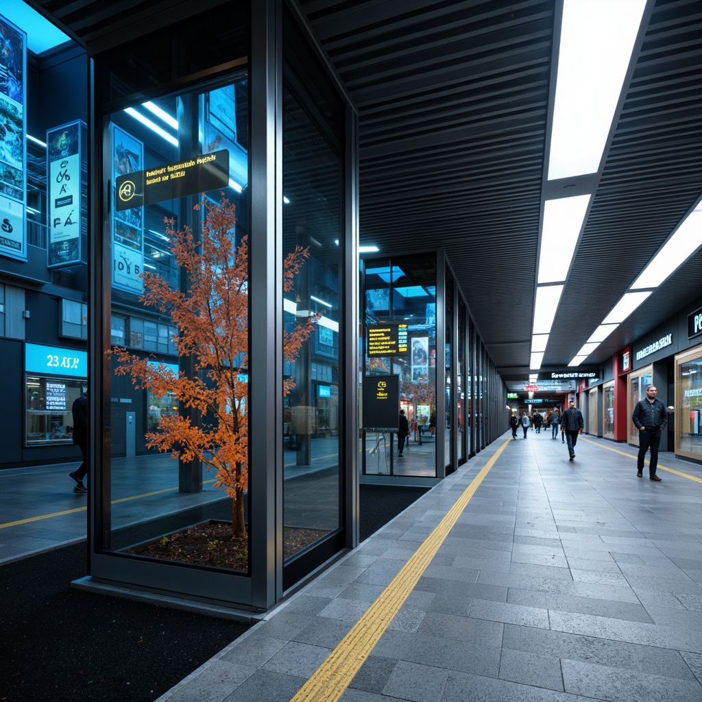 Prompt: Modern metro station, sleek glass walls, stainless steel frames, vibrant LED displays, dynamic digital signage, wayfinding signs, clear navigation systems, bright illuminated ceilings, futuristic architecture, high-contrast color schemes, metallic materials, urban cityscape, rush hour atmosphere, morning commute, natural stone floors, energy-efficient lighting, shallow depth of field, 1/1 composition, realistic textures, ambient occlusion.