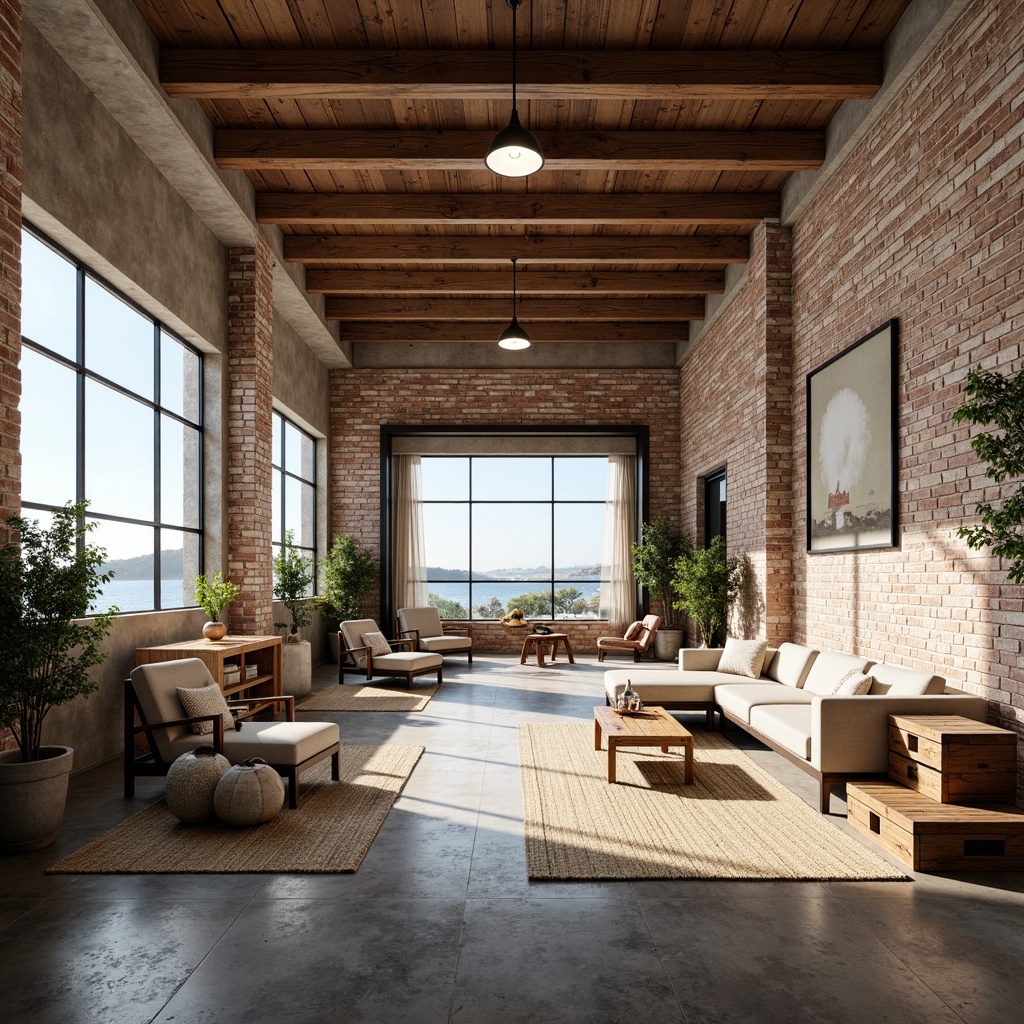 Prompt: Industrial chic warehouse, reclaimed wood accents, exposed brick walls, polished concrete floors, coastal-inspired color palette, natural textiles, woven rugs, distressed metal beams, vintage nautical elements, rustic wooden crates, modern pendant lighting, floor-to-ceiling windows, ocean breeze, sunny day, soft diffused light, shallow depth of field, 1/1 composition, realistic textures, ambient occlusion.