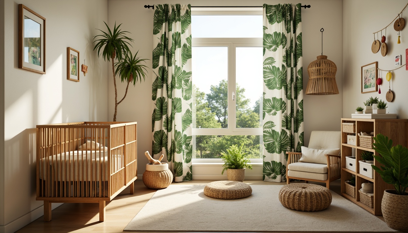 Prompt: Vibrant tropical baby room, woven rattan crib, plush green leaf-patterned bedding, natural wood changing table, wicker storage baskets, exotic flower-print curtains, creamy white walls, warm beige floors, jungle-inspired wall art, colorful tassel mobiles, soft pastel-hued accents, lush greenery, sunny day, gentle warm lighting, shallow depth of field, 1/1 composition, realistic textures, ambient occlusion.