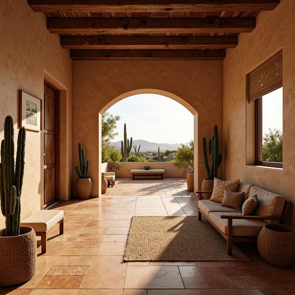 Prompt: Southwestern-style adobe architecture, earthy tone flooring, Saltillo tile, terracotta pottery-inspired patterns, warm beige stone, rustic wooden planks, distressed wood finishes, natural fiber rugs, woven jute textiles, desert landscape views, cacti silhouettes, warm golden lighting, shallow depth of field, 3/4 composition, panoramic view, realistic textures, ambient occlusion.