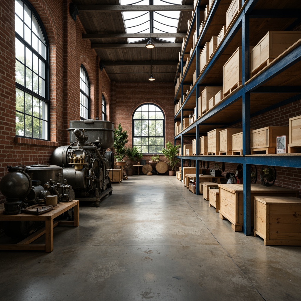 Prompt: Industrial storage room, metal shelving units, concrete flooring, exposed brick walls, wooden crates, vintage machinery, nostalgic ambiance, warm beige tones, deep blue accents, rich wood grain textures, rustic metal finishes, soft warm lighting, shallow depth of field, 1/1 composition, realistic renderings, ambient occlusion.