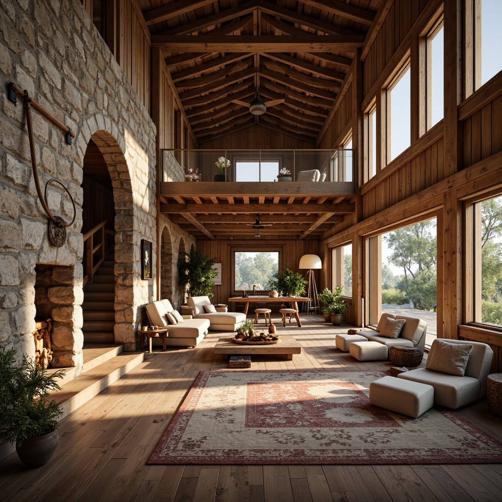 Prompt: Rustic farmhouse, open floor plan, high ceilings, wooden beams, natural stone walls, reclaimed wood flooring, earthy color palette, vintage farm tools, cozy reading nooks, plush furniture, soft warm lighting, shallow depth of field, 3/4 composition, panoramic view, realistic textures, ambient occlusion.